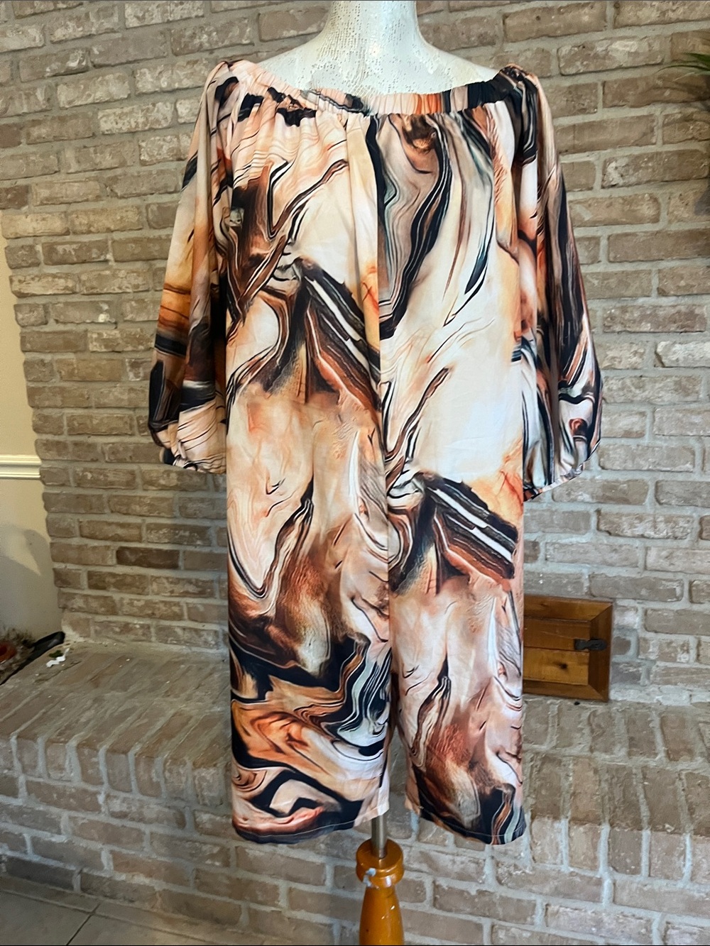Off-Shoulder Marble-Print Jumpsuit in Cream and Brown